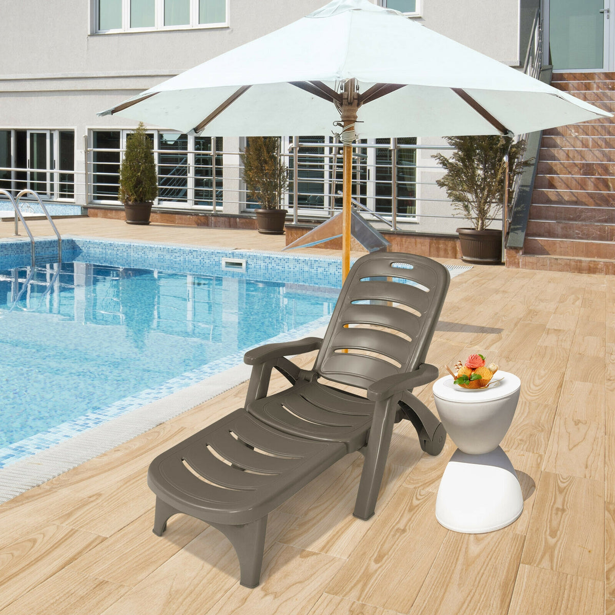 5-Position Adjustable Folding Chaise Lounge Chair with Wheels - Gray