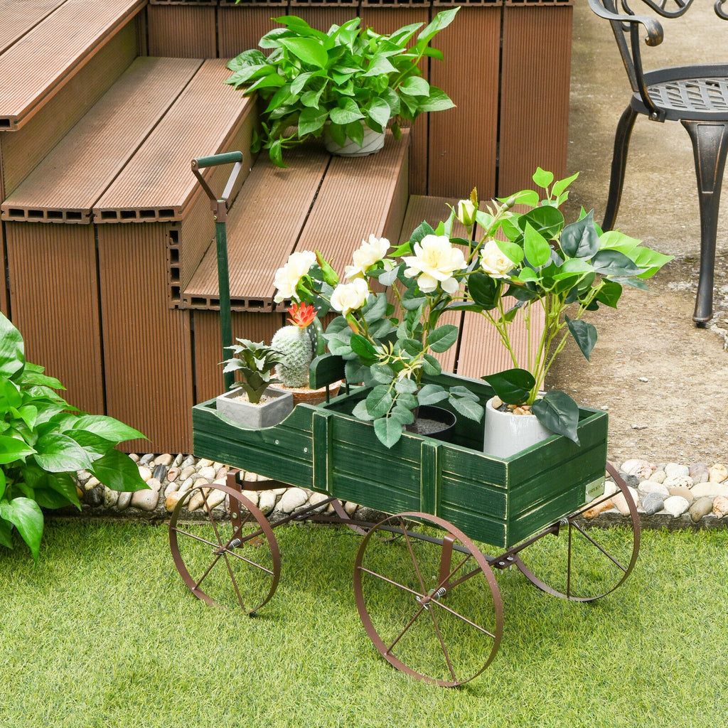 Wooden Garden Wagon Planter Bed with Metal Wheels - Green