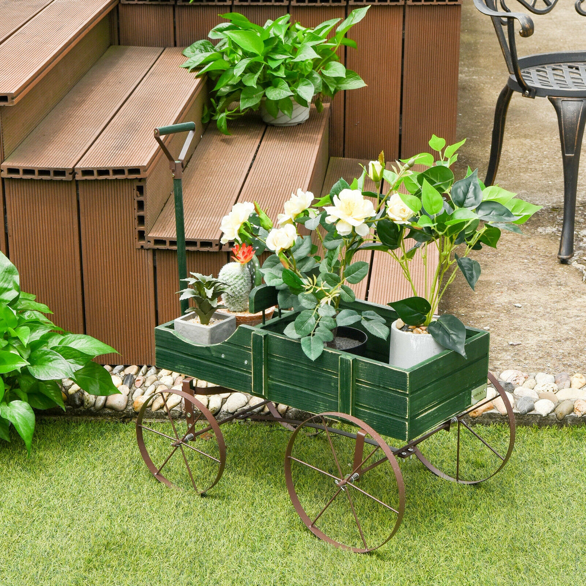 Wooden Garden Wagon Planter Bed with Metal Wheels - Green