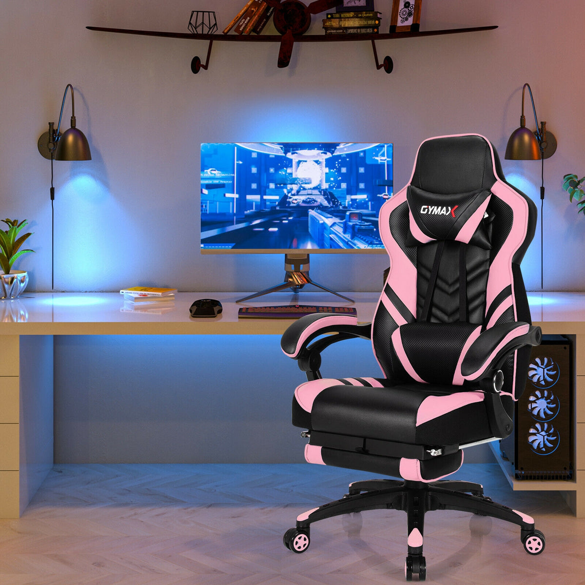 Adjustable Gaming Chair with Footrest, Pink