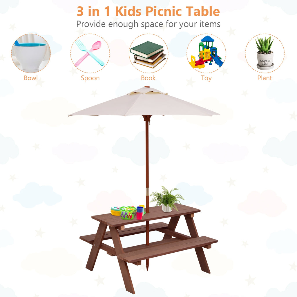 Kids Picnic Table Set with Removable Umbrella - Brown, 4 Seats