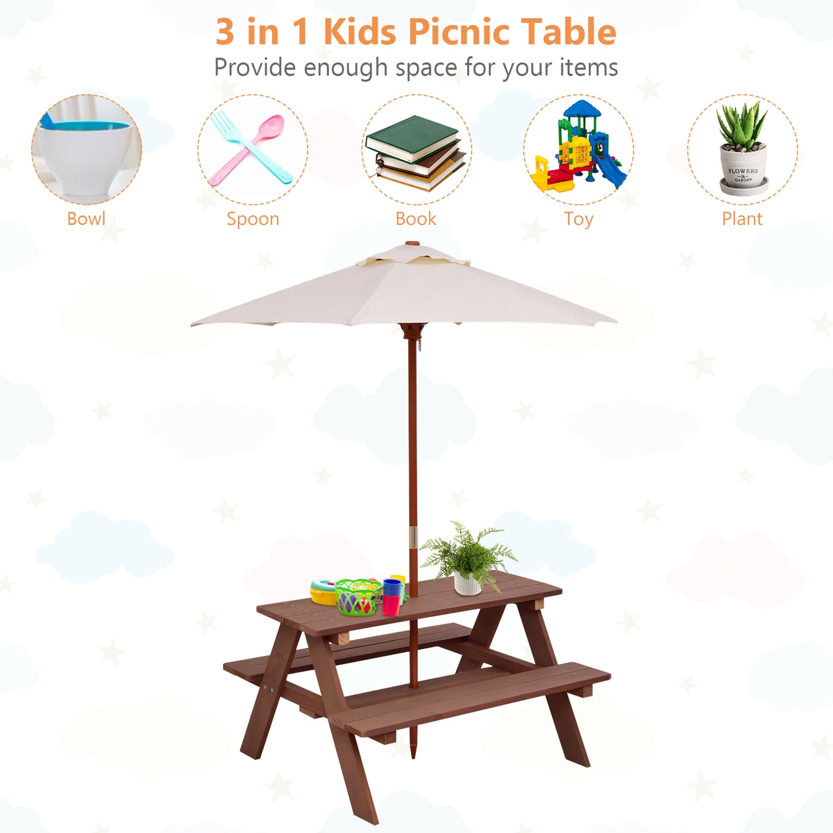 Kids Picnic Table Set with Removable Umbrella - Brown, 4 Seats