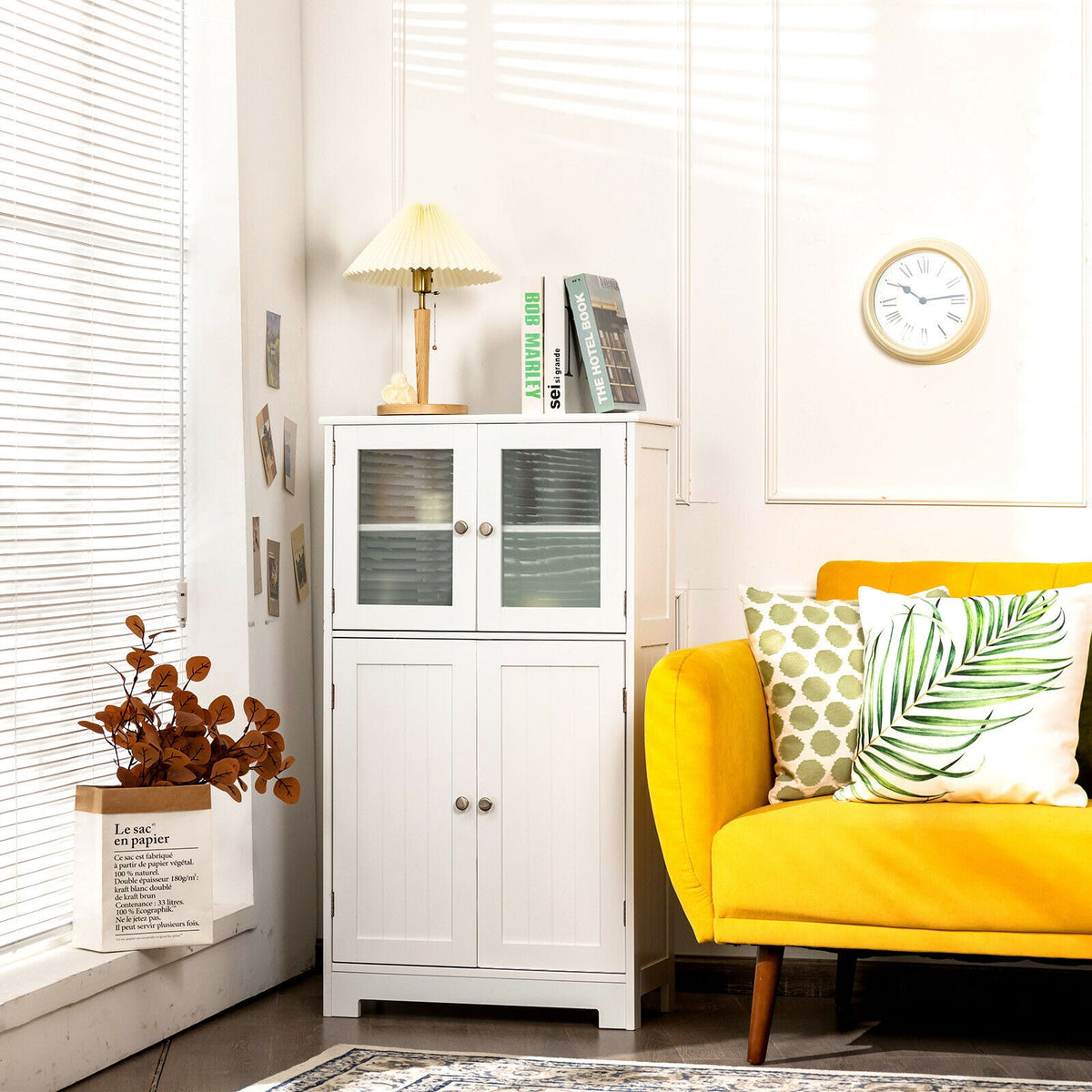 Bathroom Floor Storage Cabinet with Glass Doors and Adjustable Shelf