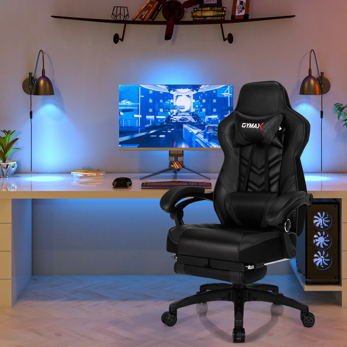 Adjustable Gaming Chair with Footrest, Black