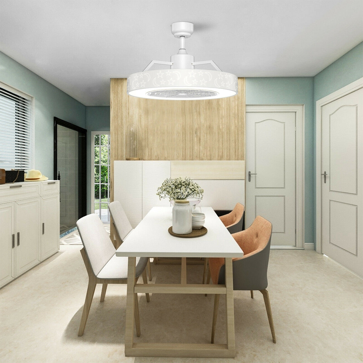 White 23-Inch Ceiling Fan with LED Light and Remote Control