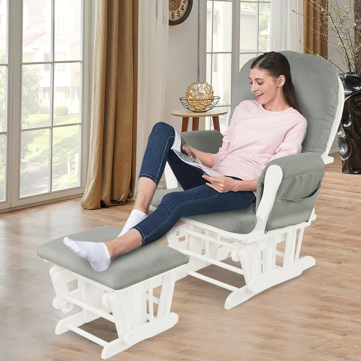 Wood Glider and Ottoman Set with Storage Pocket - Light Gray