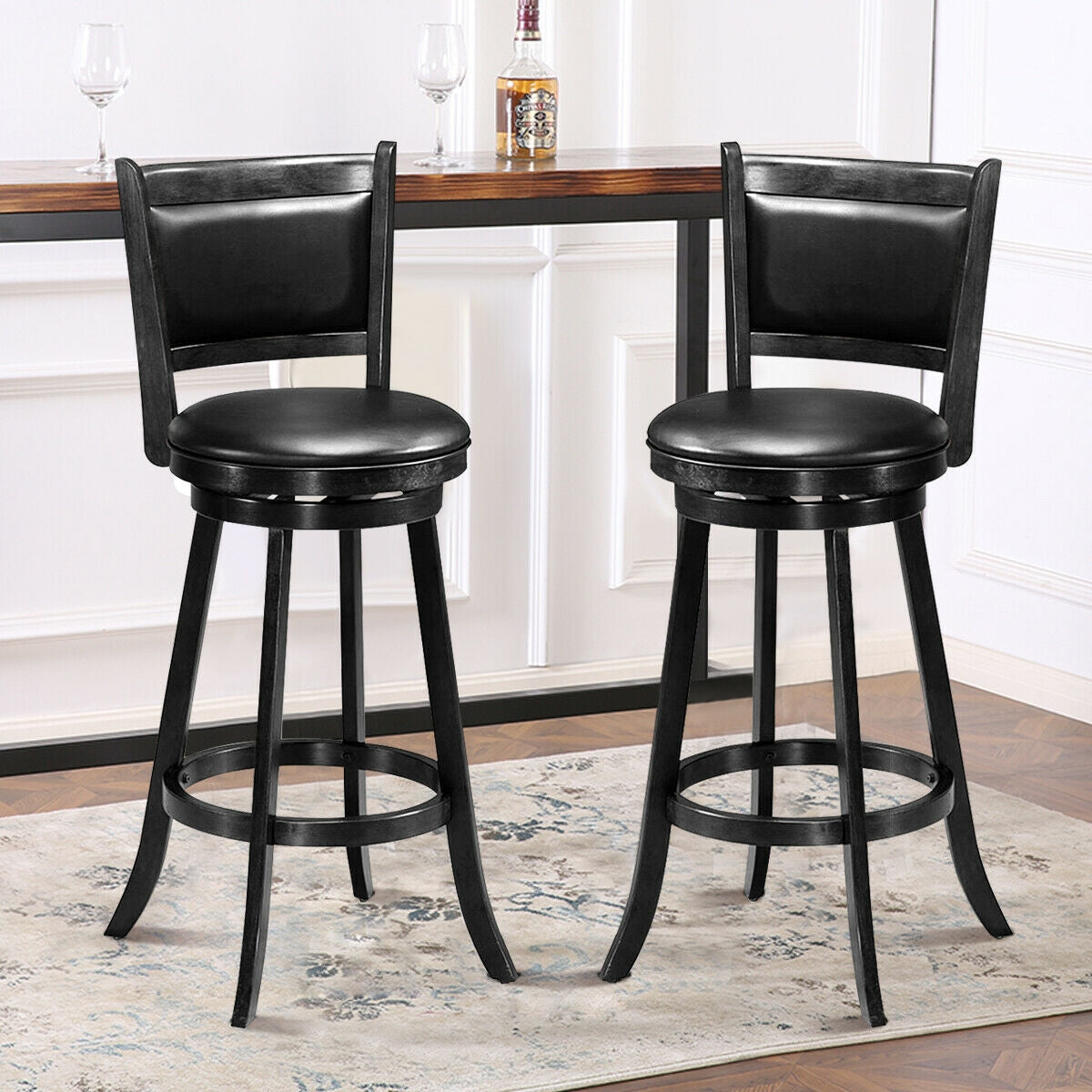 29 Inch Wooden Swivel Bar Stool with PVC Cushioned Seat - Black