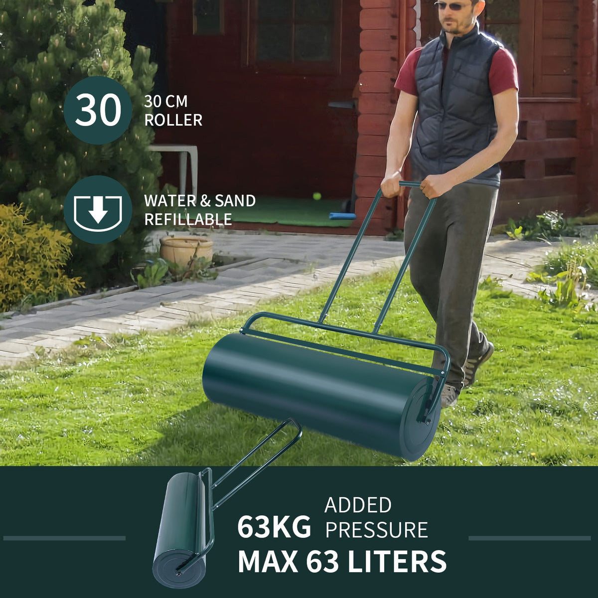 36 x 12 Inch Push Lawn Roller Water Filled - Green