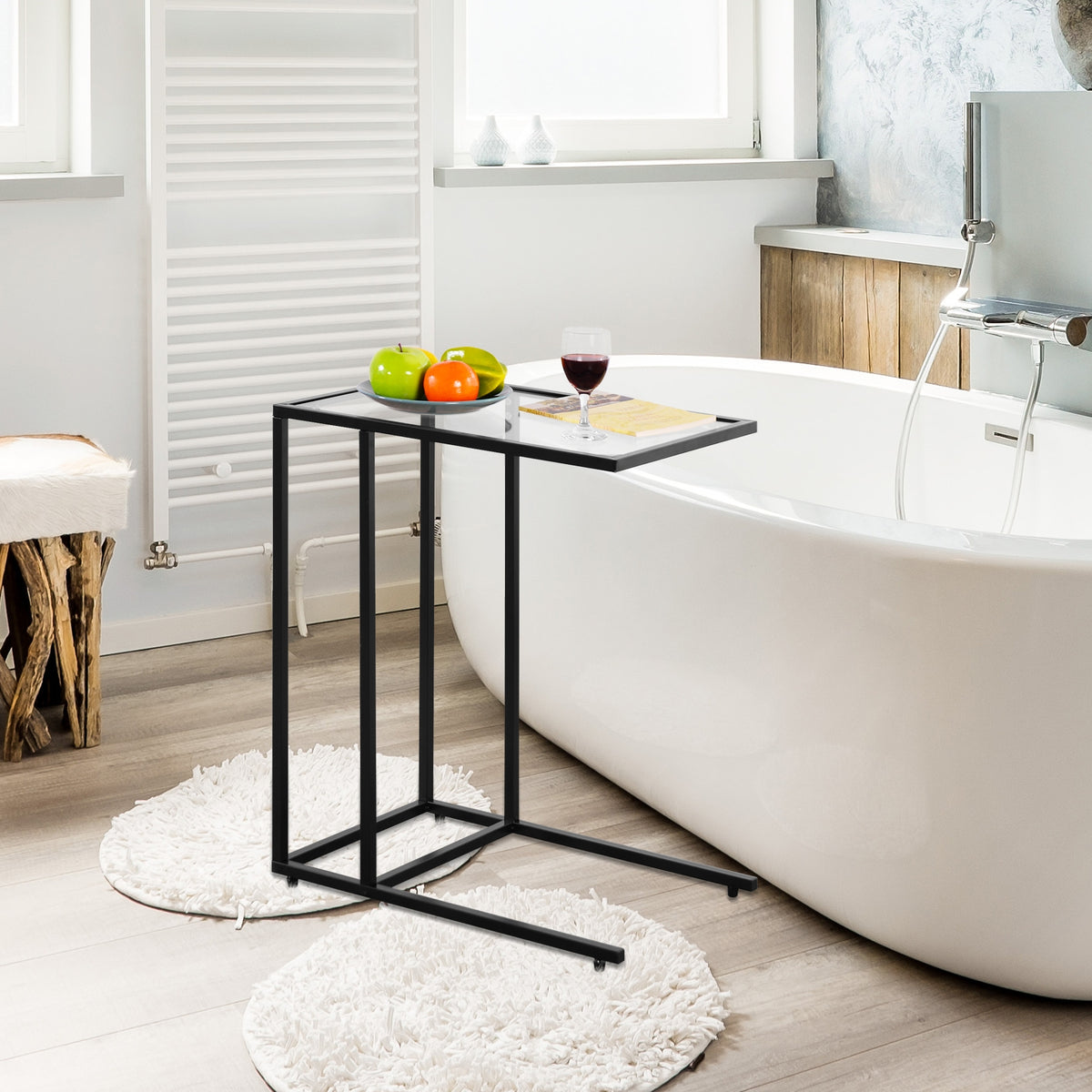 Glass Top End Table - Sofa Side Table with Steel Frame