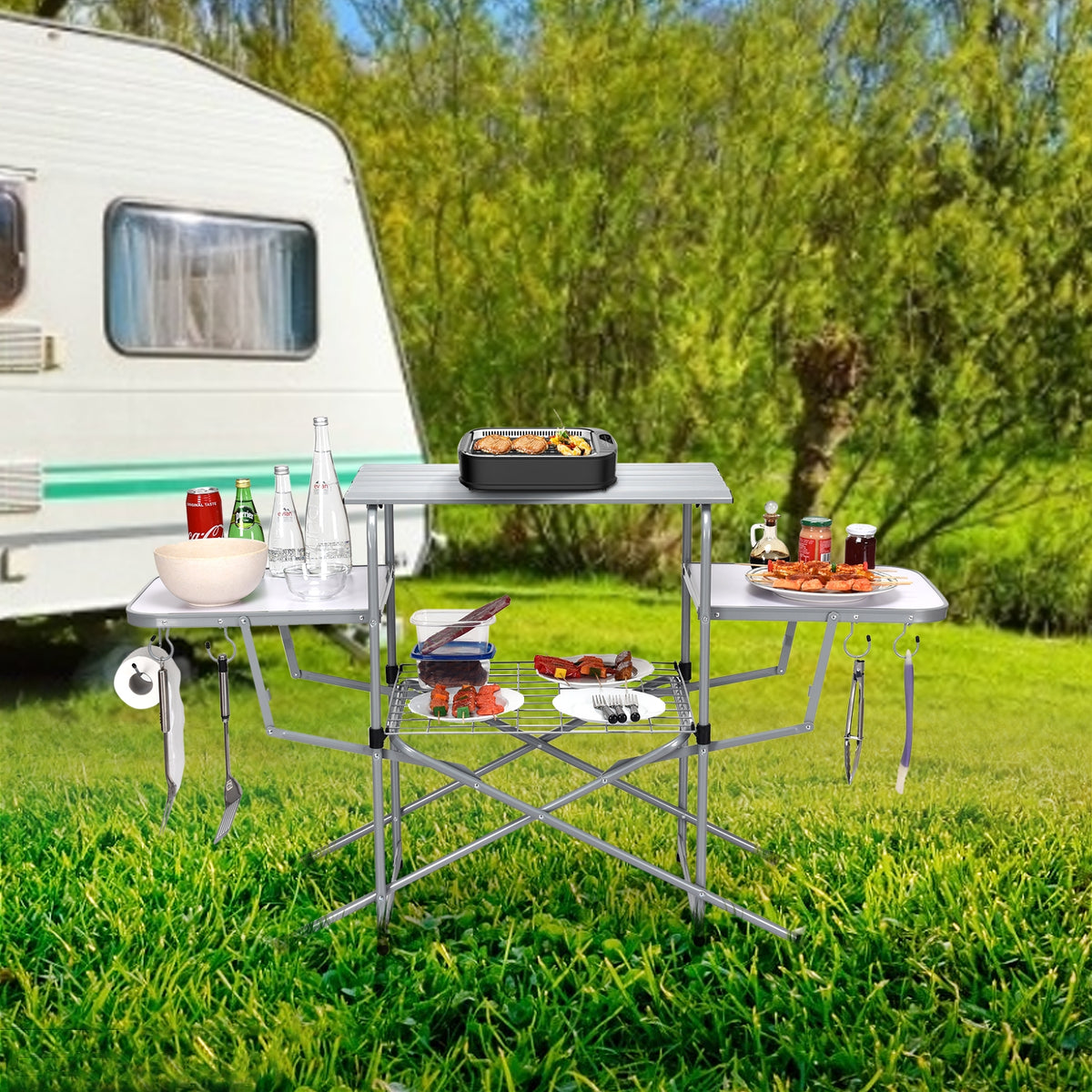 Foldable Outdoor BBQ Grilling Table with 2 Side Tables