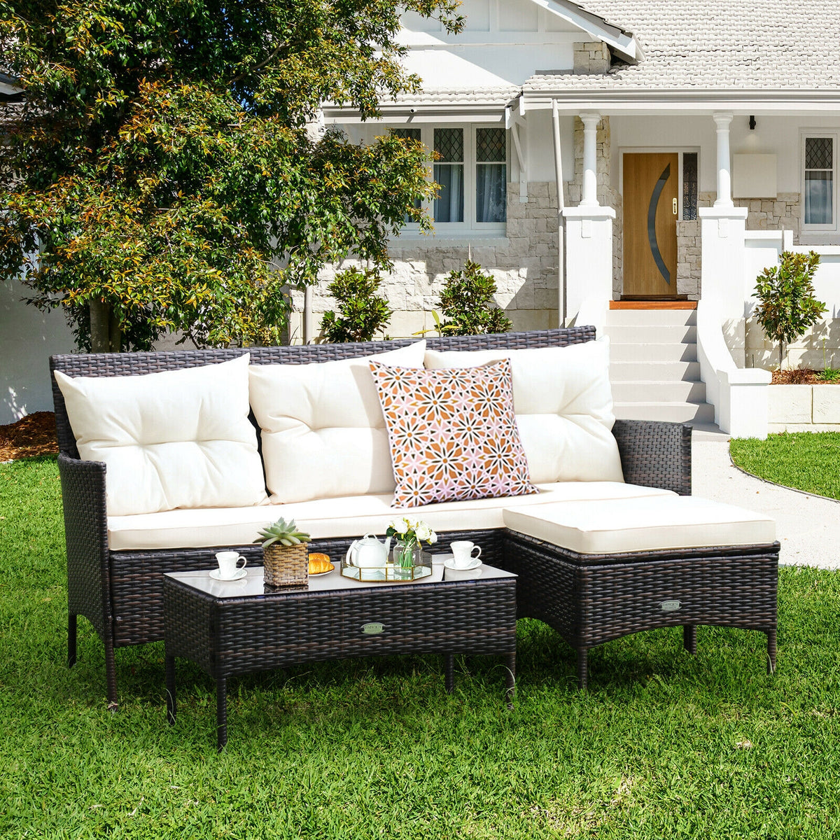 3-Piece Patio Sectional Sofa Set with Cushions - Black