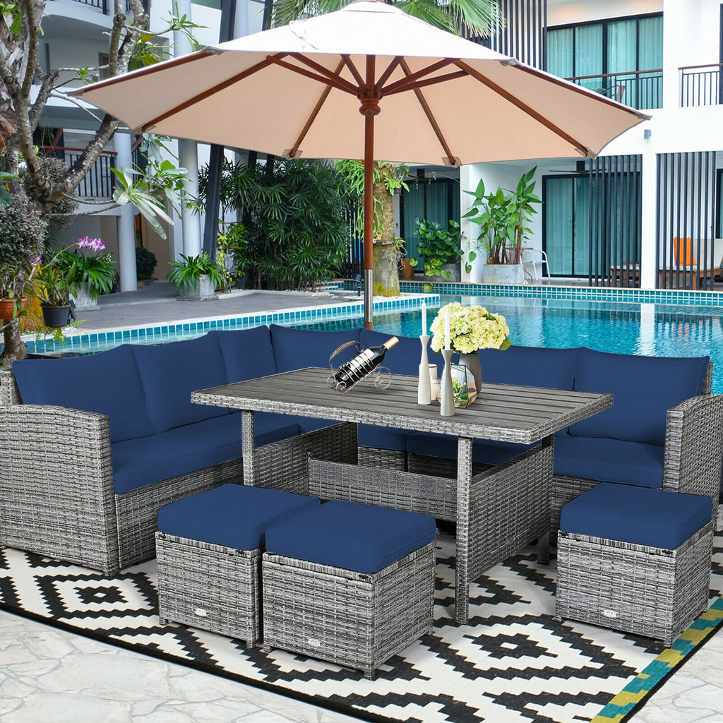 7-Piece Outdoor Wicker Sectional Sofa Set with Dining Table - Navy