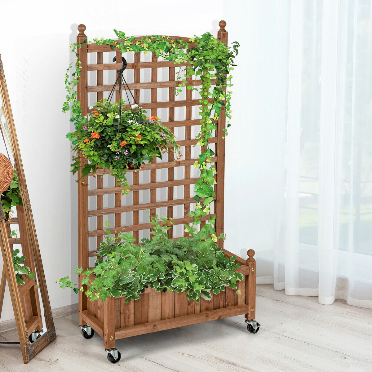 50 Inch Wood Planter Box with Trellis Mobile Raised Bed for Climbing