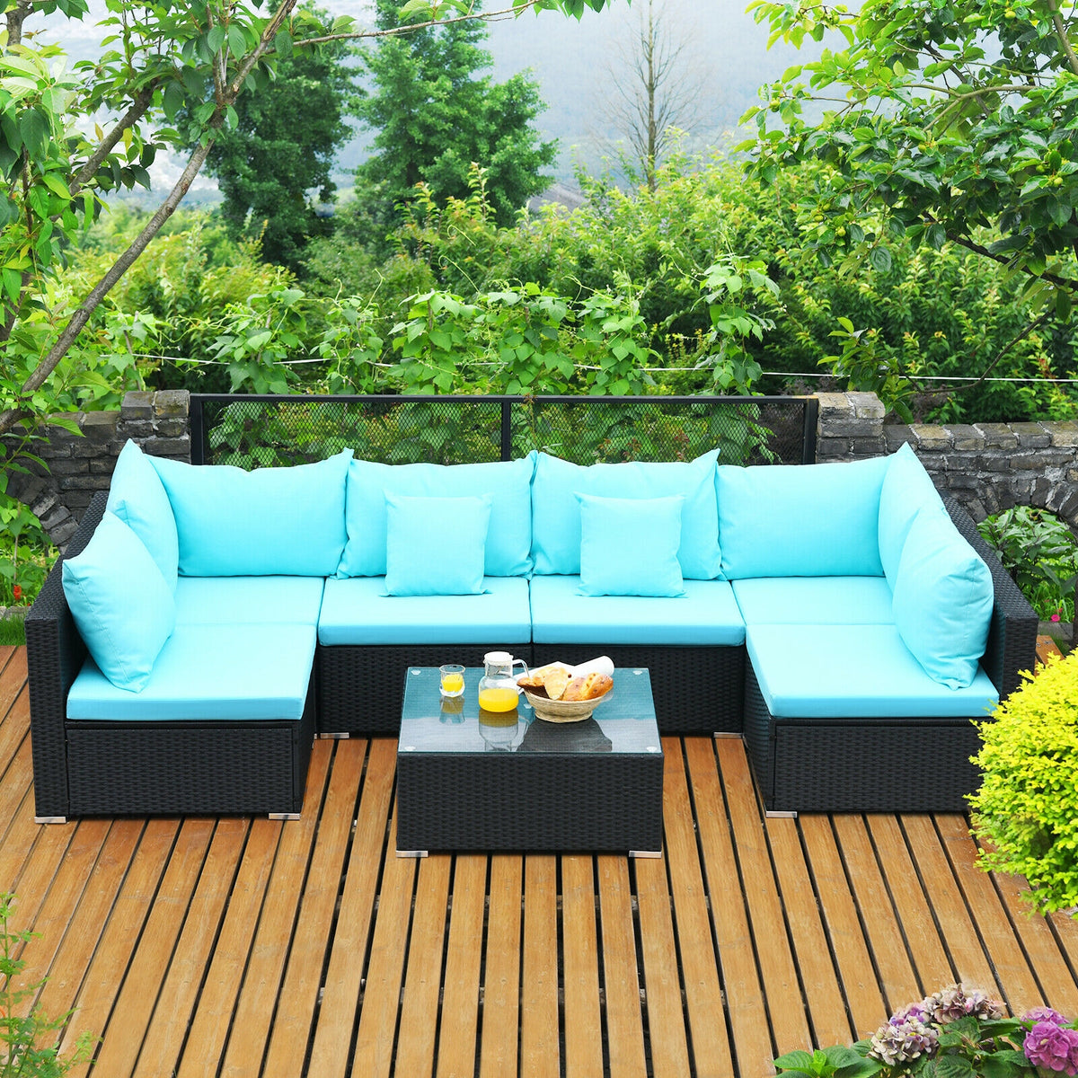7 Pieces Sectional Wicker Sofa Set with Coffee Table - Black Rattan, Blue
