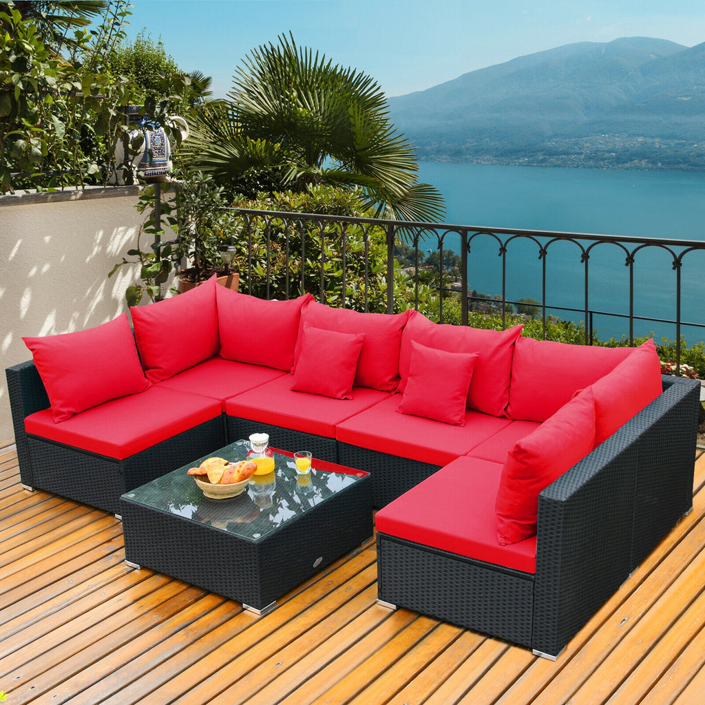 7-Piece Sectional Wicker Sofa Set with Coffee Table - Black Rattan, Red