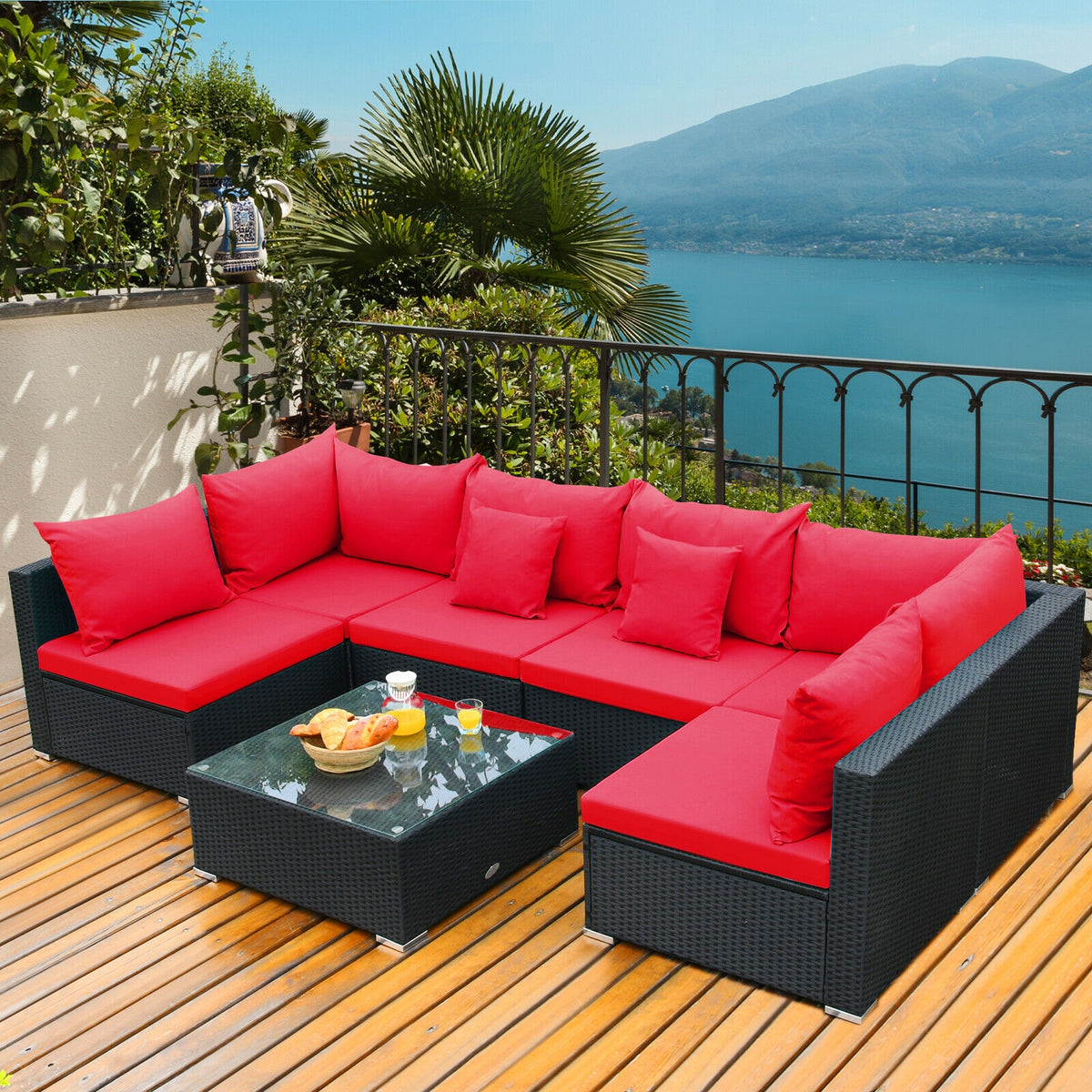 7-Piece Sectional Wicker Sofa Set with Coffee Table - Black Rattan, Red