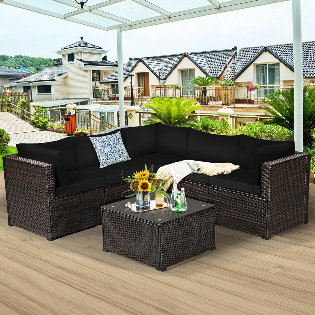 Rattan Patio Sectional Sofa Set w/ Cushions 4-5 Person - Navy