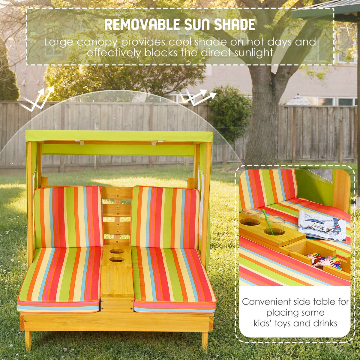 Kids Patio Lounge Chair with Cup Holders & Awning - Multicolor - for Children 3-8