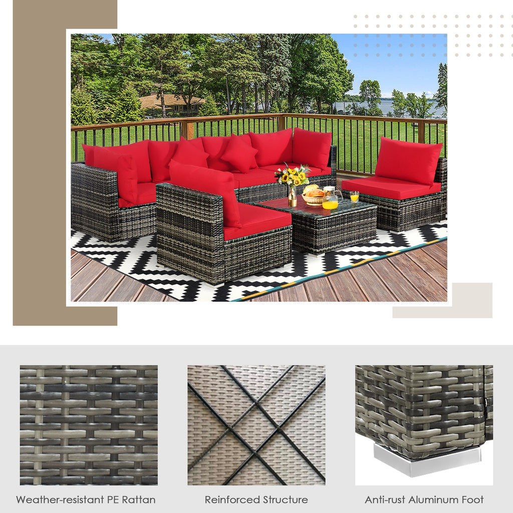 7-Piece Patio Rattan Sectional Sofa Set - Mix Gray & Red