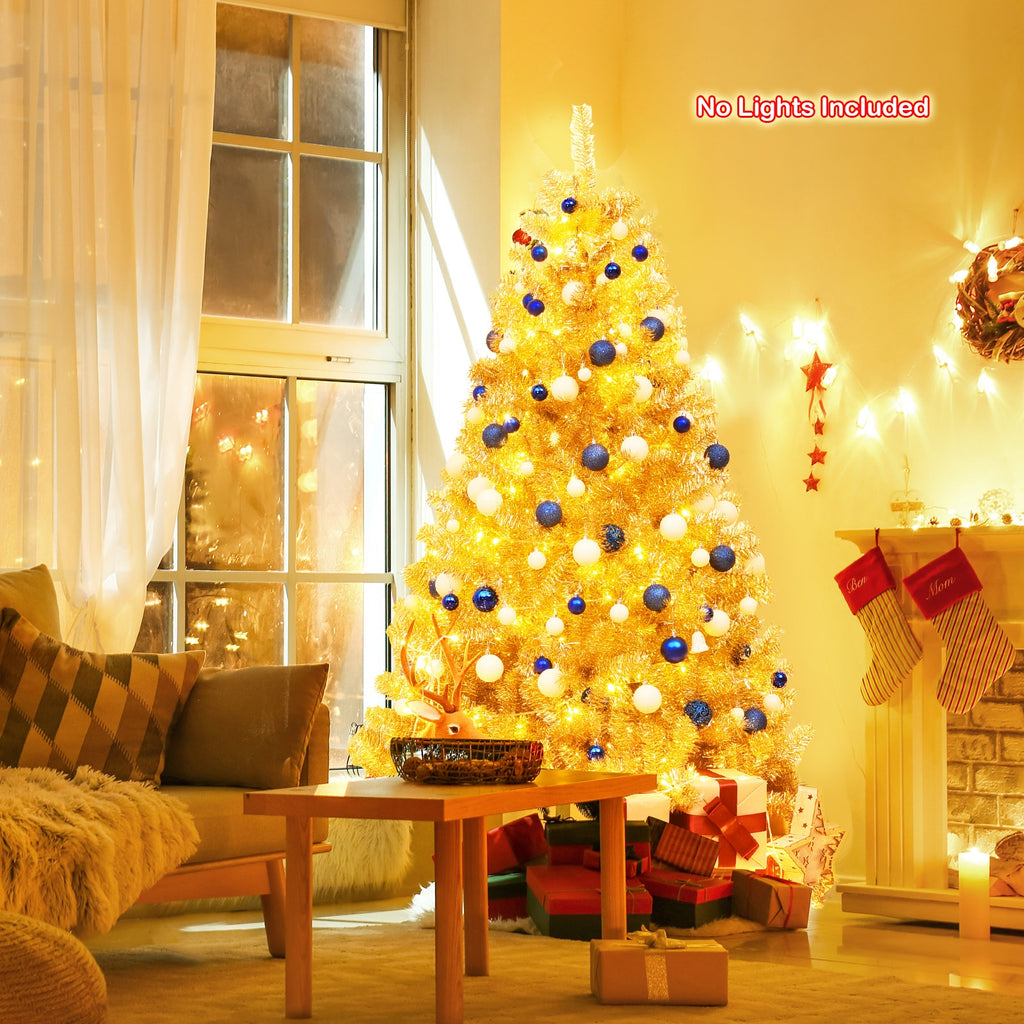 6 ft Artificial Tinsel Christmas Tree with Hinged Branches & Foldable Stand - Champagne Gold