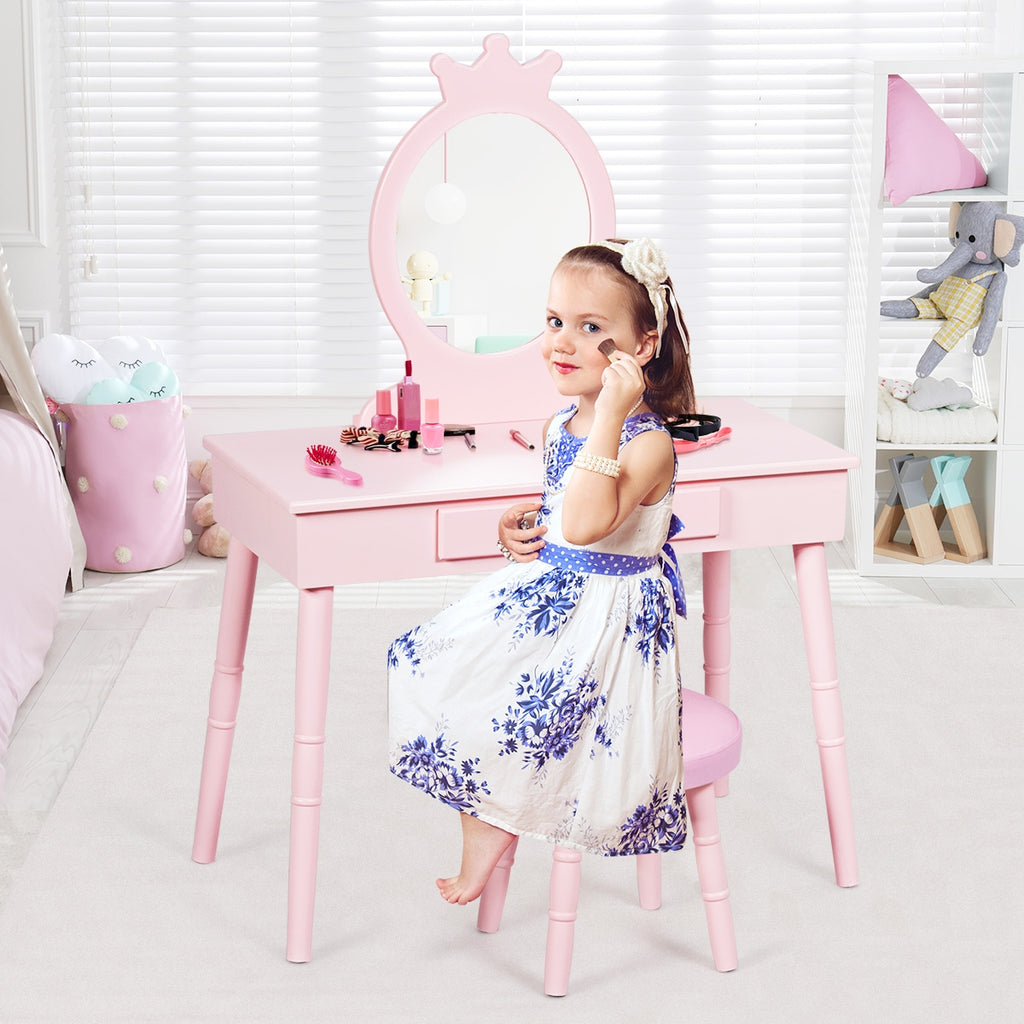 Kids Wooden Princess Makeup Table with Cushioned Stool & Round Mirror - Pink Variation