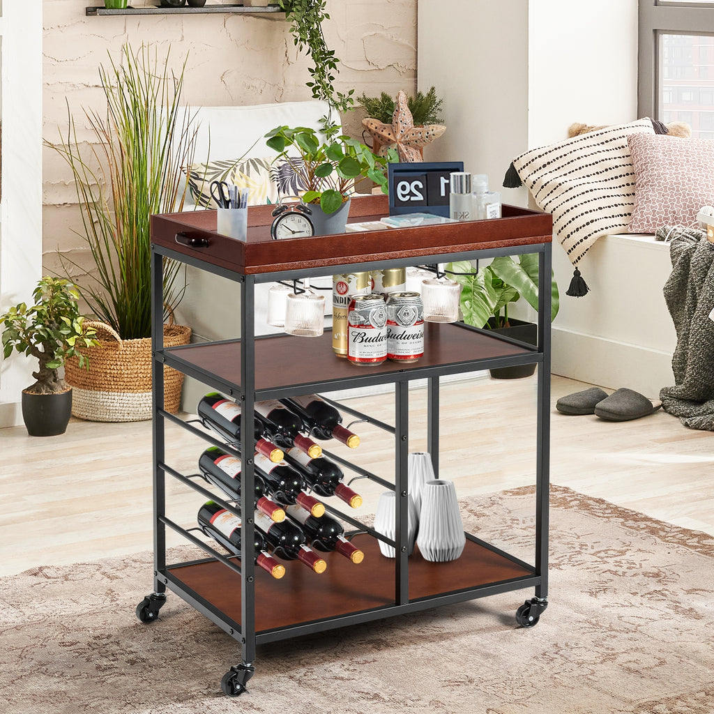 3-Tier Bar Cart with Wine Rack - 2 Row Glass Holders