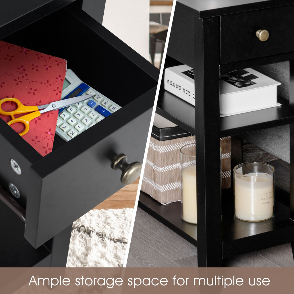 3-Tier End Table with Drawer & Shelves – Black