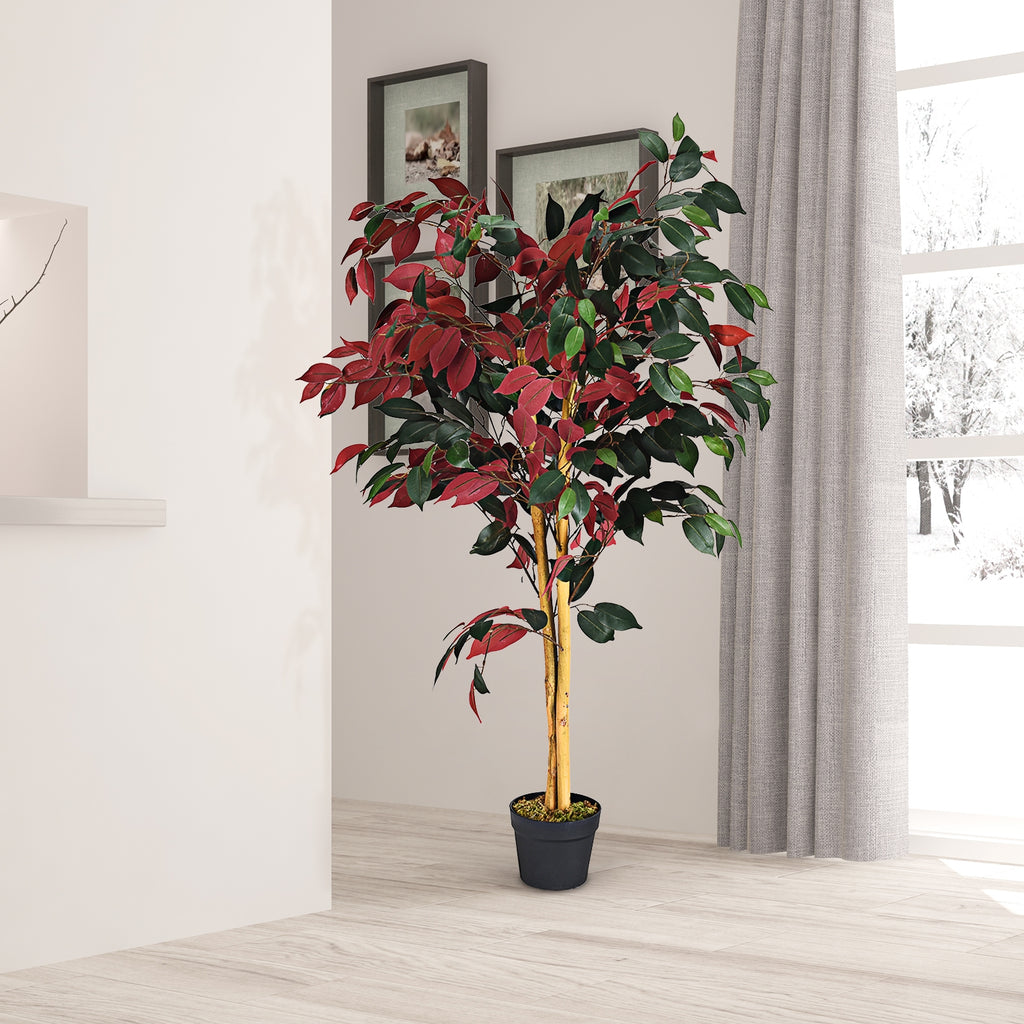 Artificial Ficus Tree 4 Feet Tall with Dual-Color Leaves & Nursery Pot