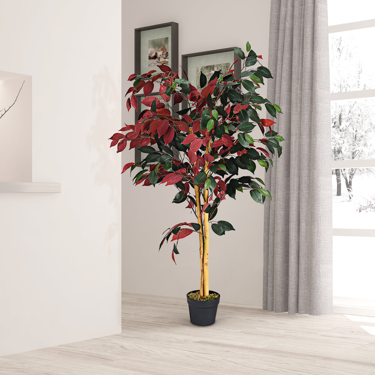 Artificial Ficus Tree 4 Feet Tall with Dual-Color Leaves & Nursery Pot