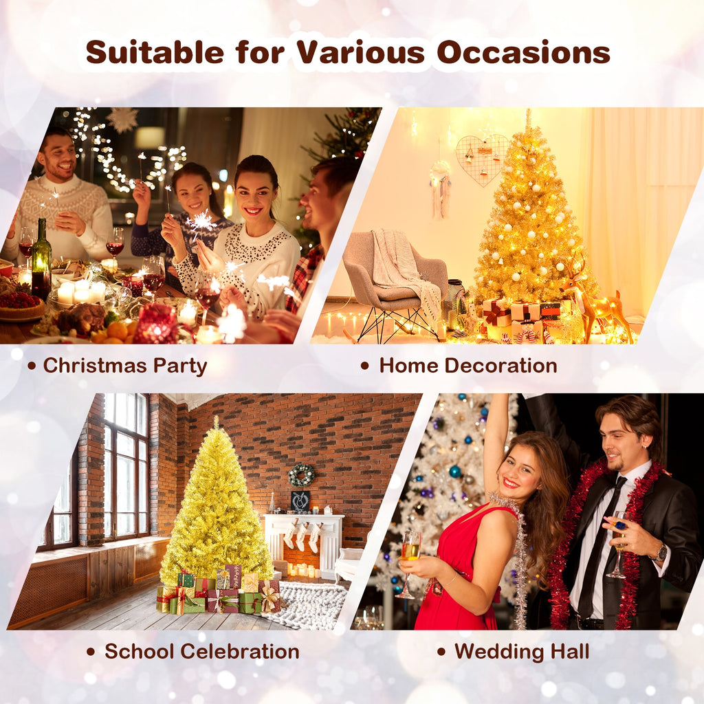 6 ft Artificial Tinsel Christmas Tree with Hinged Branches & Foldable Stand - Champagne Gold