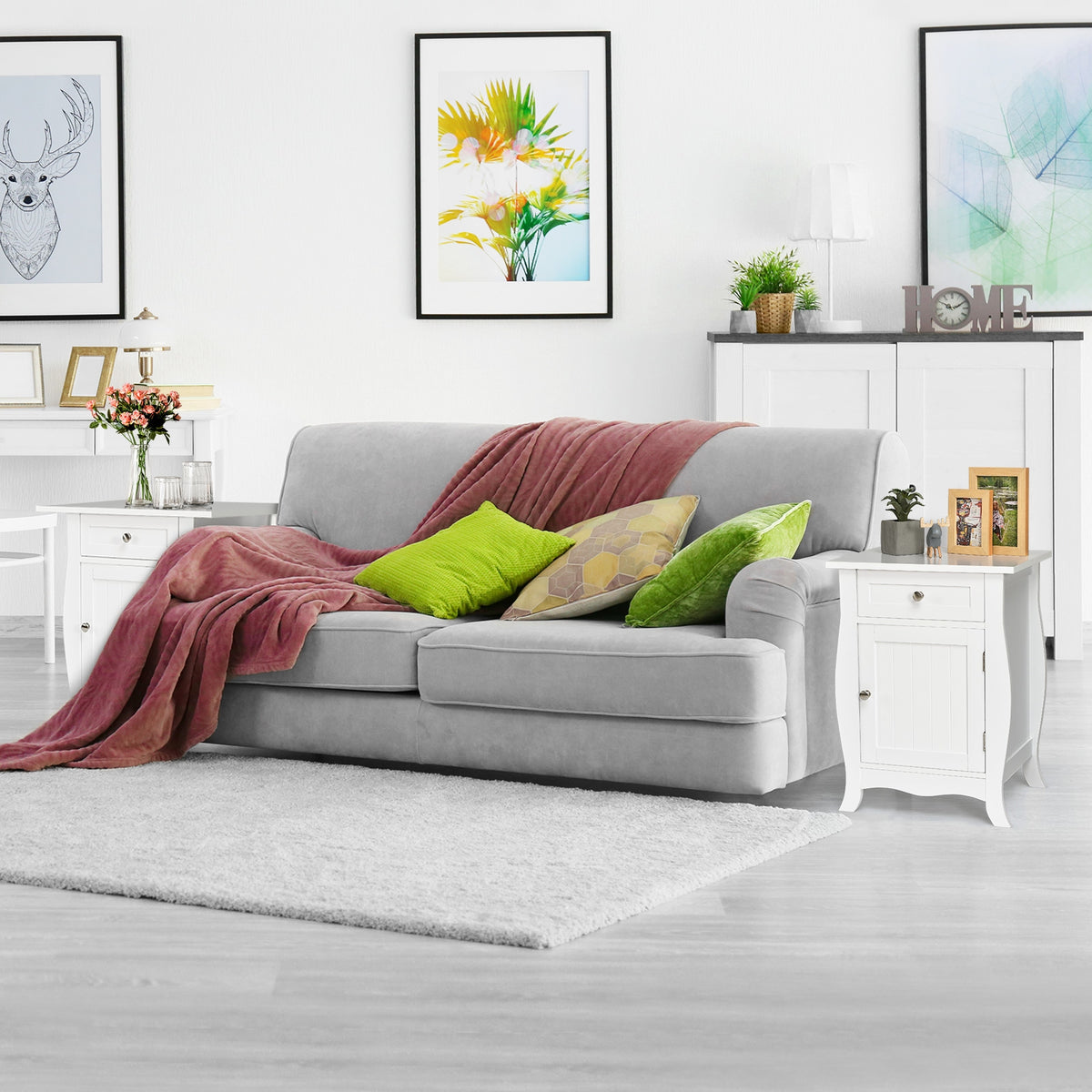 White Wooden End Table with Drawer and Cabinet Storage