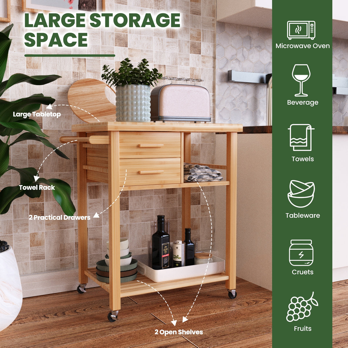 Bamboo Kitchen Trolley Cart with 2 Drawers