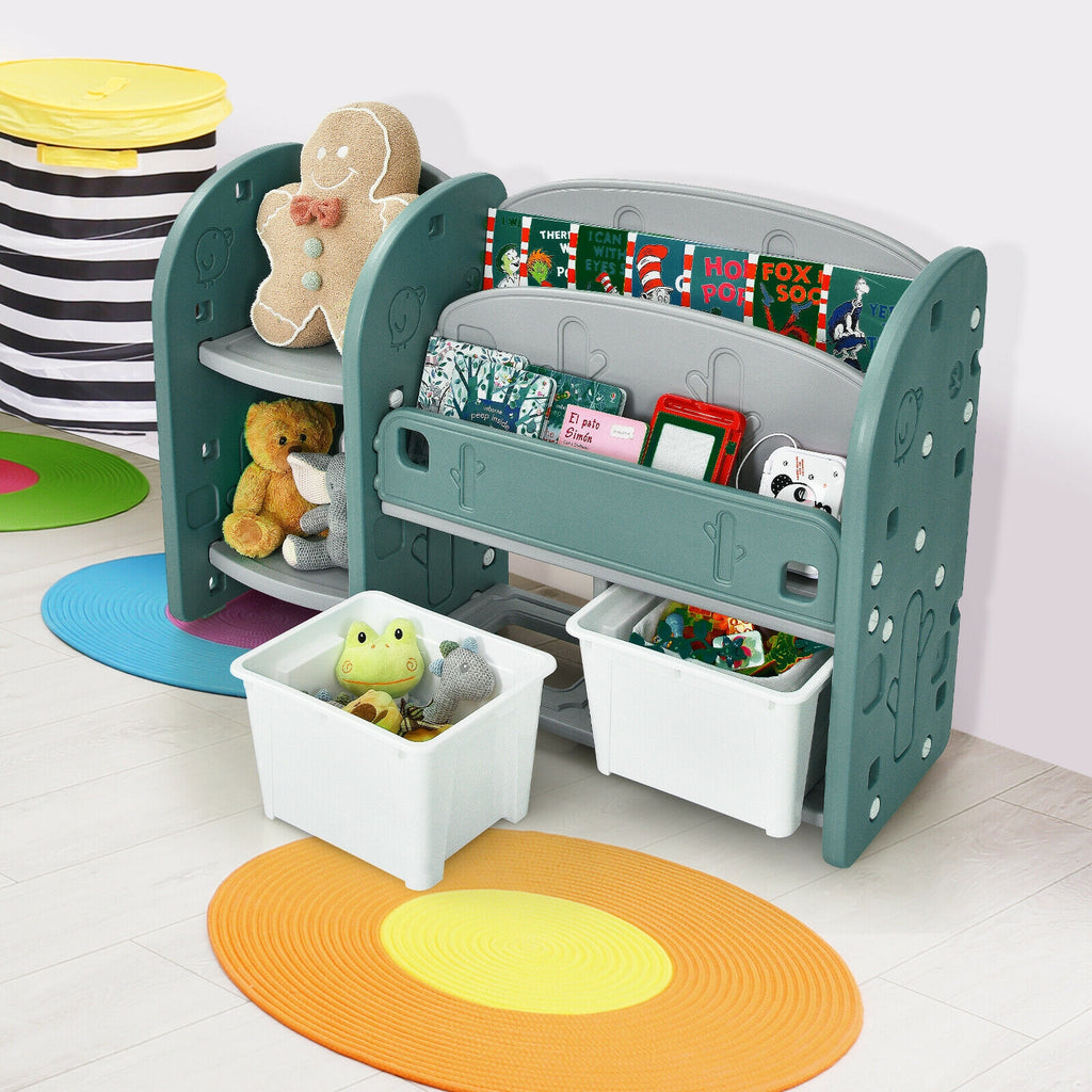 Kids Toy Storage Organizer with 2-Tier Bookshelf and Plastic Bins - Safe, Durable & Kid-Friendly
