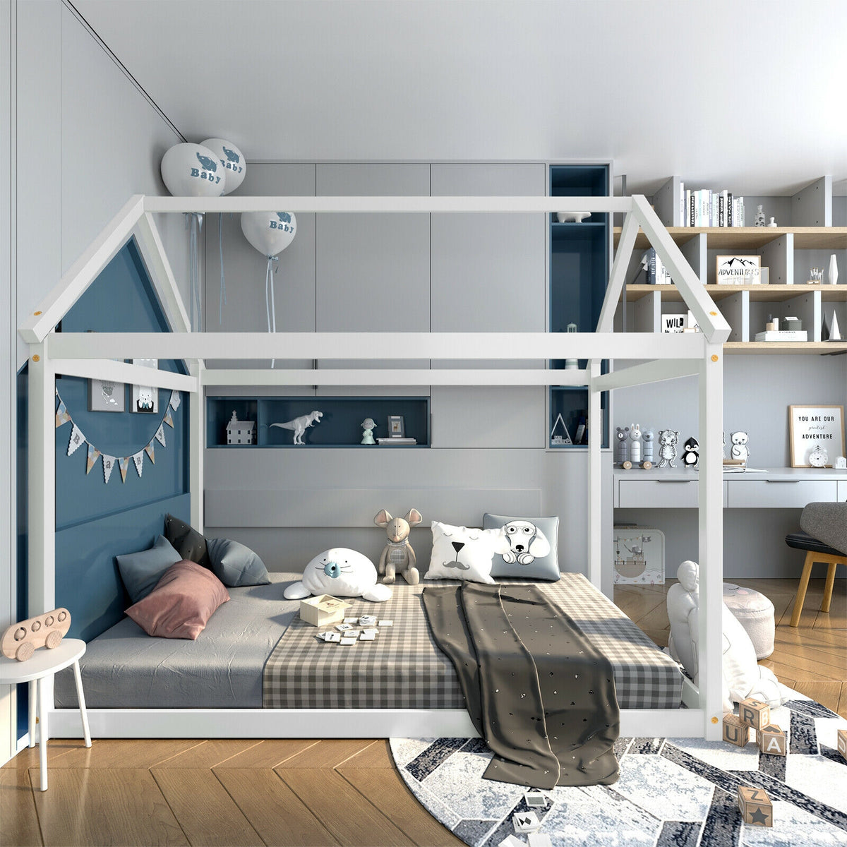 Twin Size Kids House Bed Frame with Roof - Gray