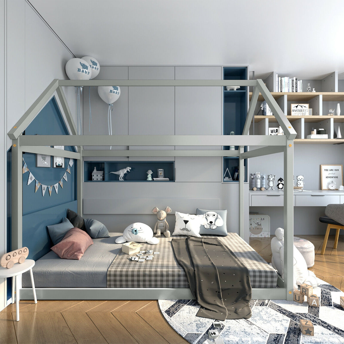 Twin Size Kids House Bed Frame with Roof - Gray