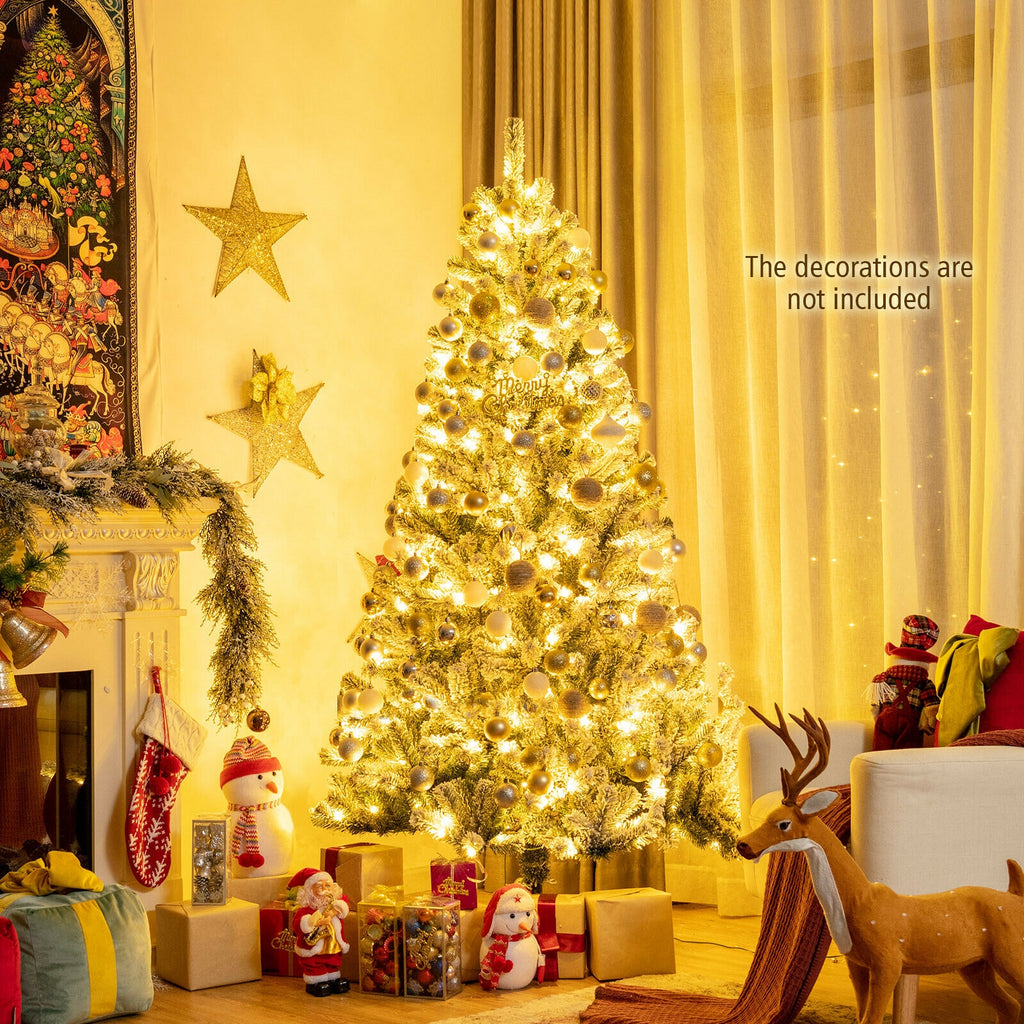 6 Ft Pre-lit Snow Flocked Christmas Tree with Metal Stand - Hinged Design