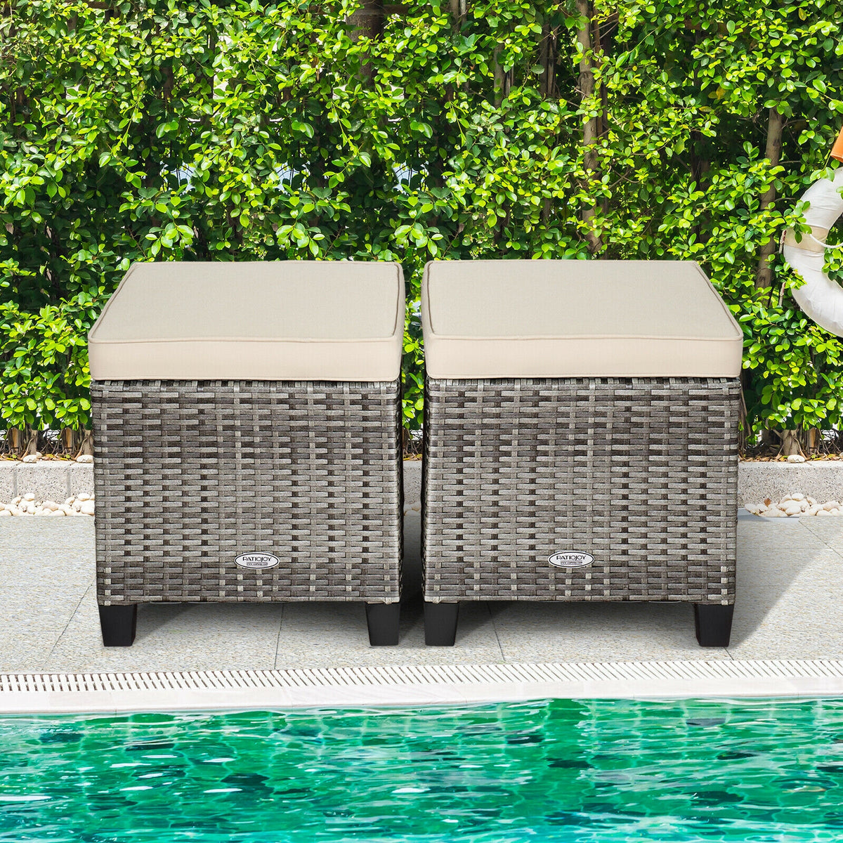 2 Pieces Patio Rattan Ottoman Seat with Removable Cushions