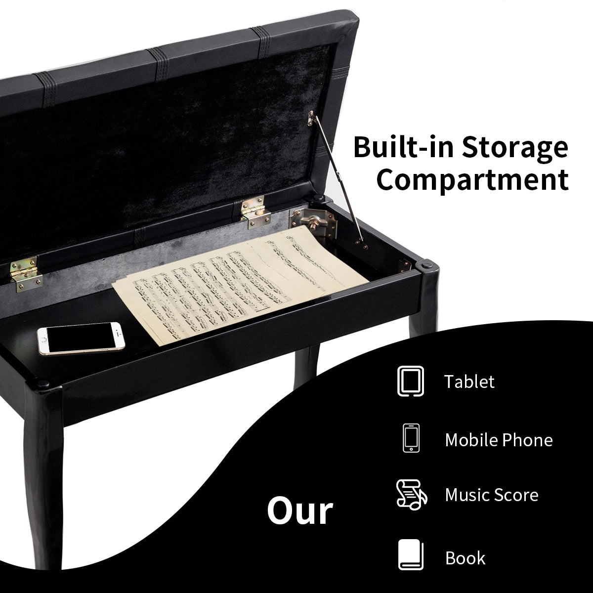 Piano Bench with Storage - Solid Wood, Black Bent Legs