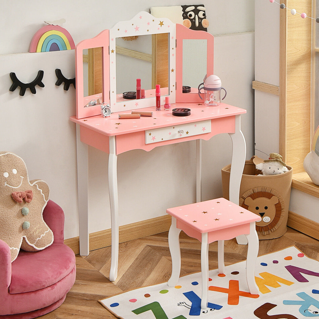 Kids Princess Vanity Table and Stool Set with Tri-Fold Mirror - Pink - Kids Bedroom Furniture