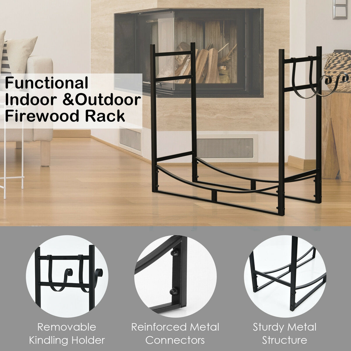 33 Inch Firewood Rack with Removable Kindling Holder Steel Fireplace