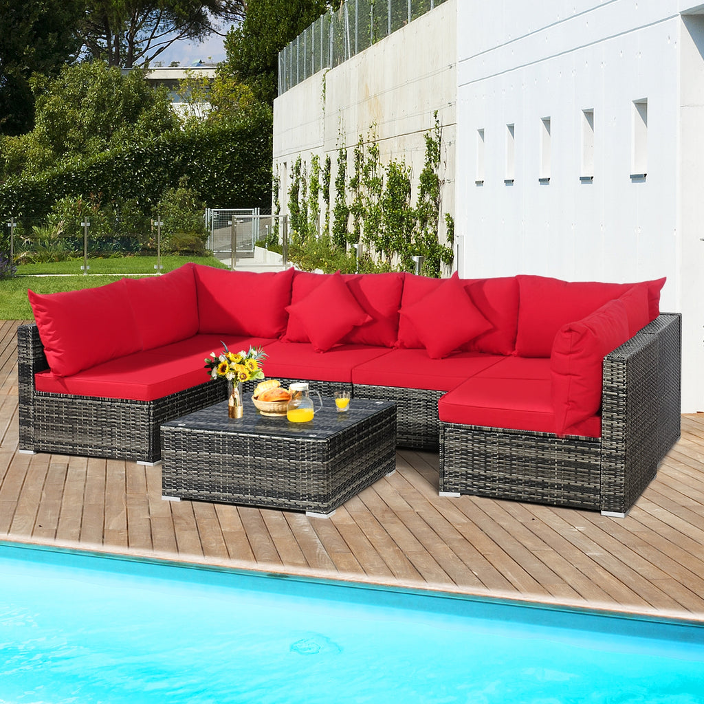 7-Piece Patio Rattan Sectional Sofa Set - Mix Gray & Red