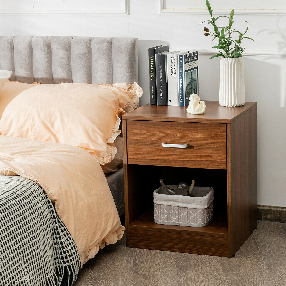 Modern Wooden Nightstand with Drawer and Open Storage - Brown