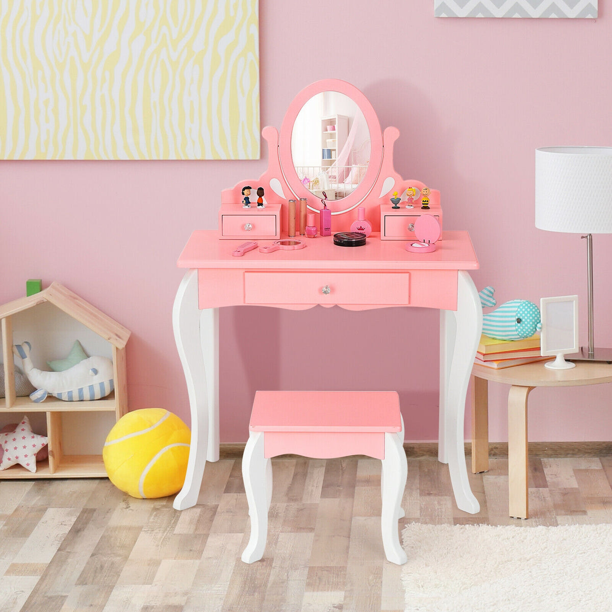 Kids Princess Makeup Dressing Vanity Set with Mirror and Drawer - Pink