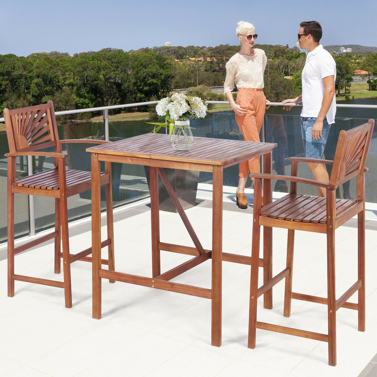 3 Piece Acacia Wood Patio Bar Set - Sunflower Backrest