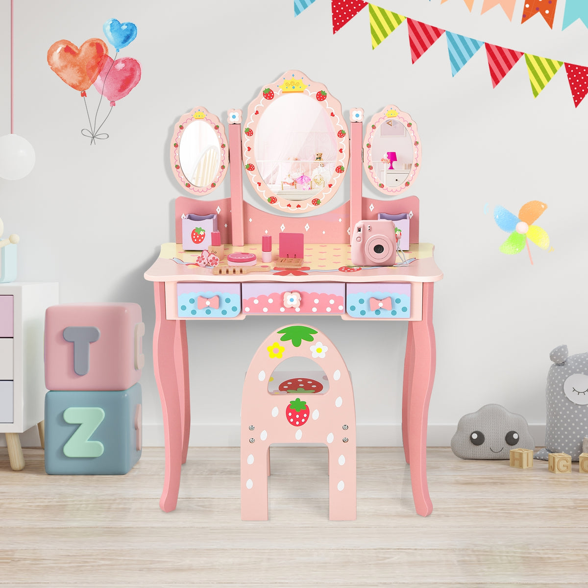Kids Vanity Set with Tri-Fold Mirror and Chair - White, Detachable Top