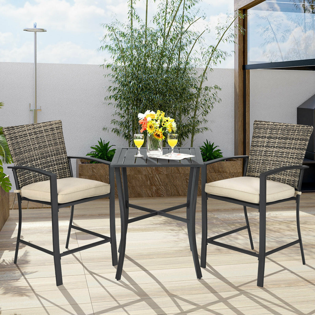 3 Pieces Rattan Bar Furniture Set with Slat Table and 2 Cushioned