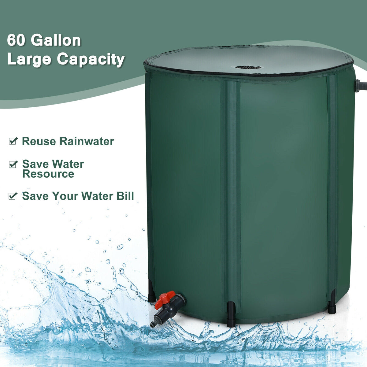 60 Gallon Portable Collapsible Rain Barrel Water Collector for