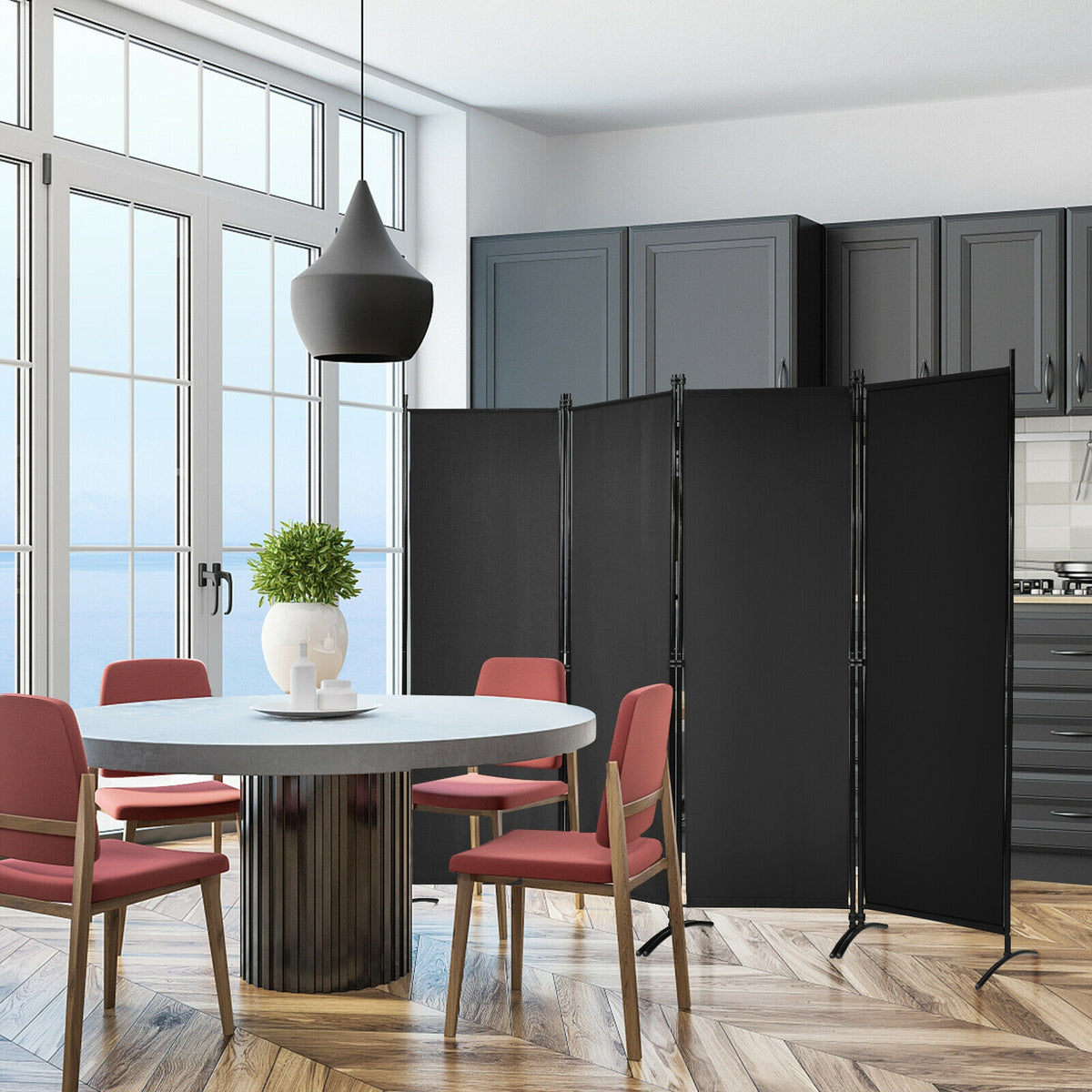 5.6 Feet 4 Panel Room Divider with Steel Frame - Black Variation
