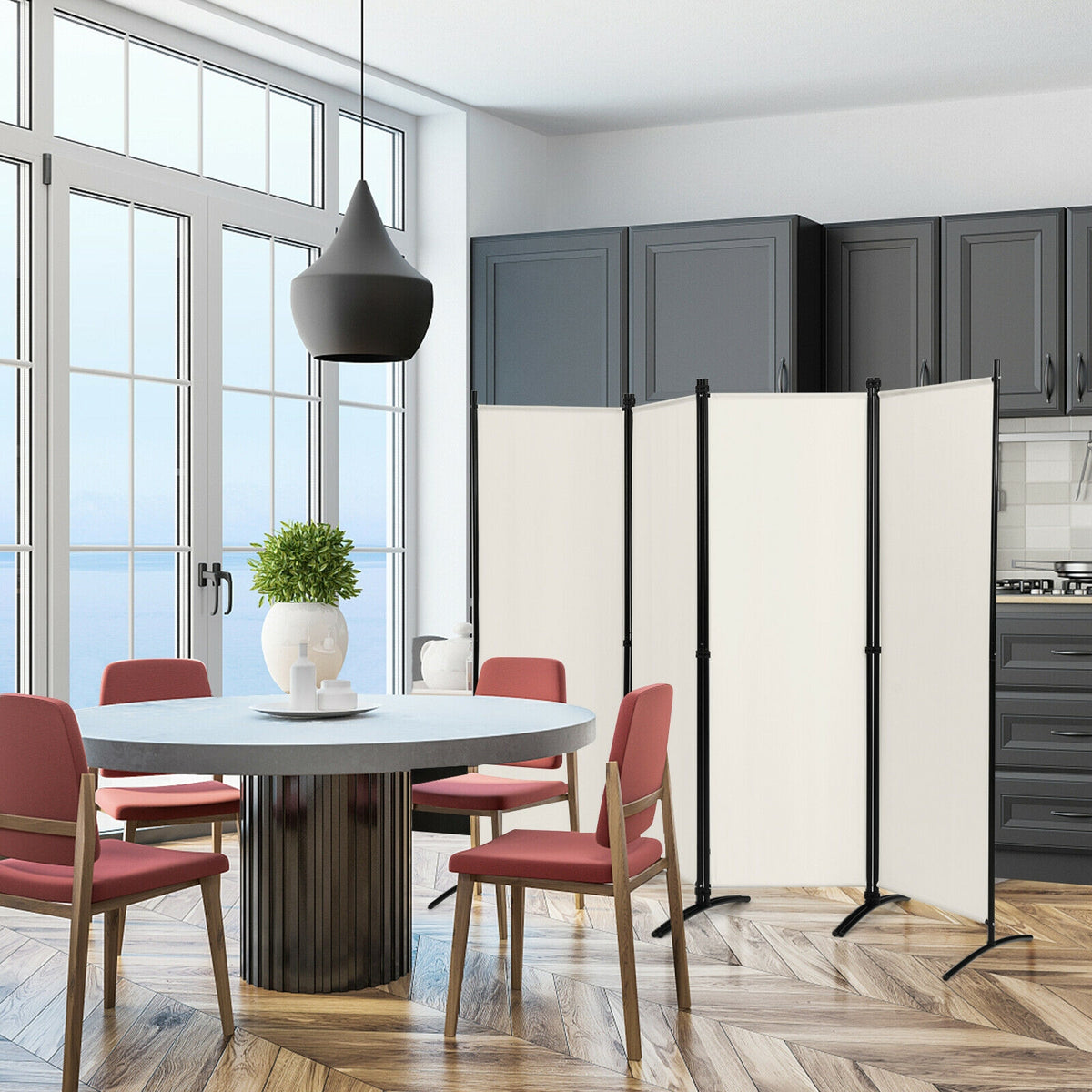 4-Panel Room Divider with Steel Frame - 5.6 Feet, White, Indoor & Outdoor Privacy Screen - Costway
