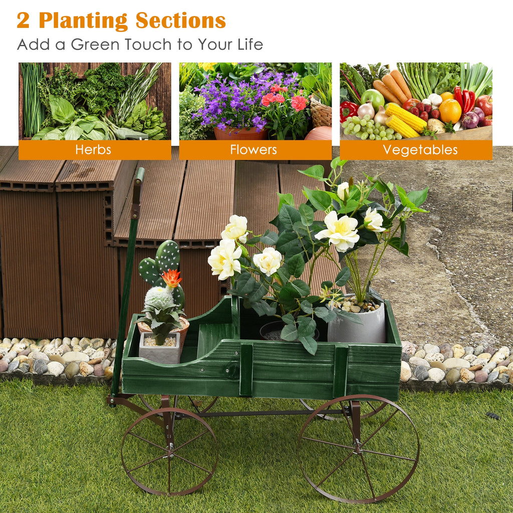 Wooden Garden Wagon Planter Bed with Metal Wheels - Green